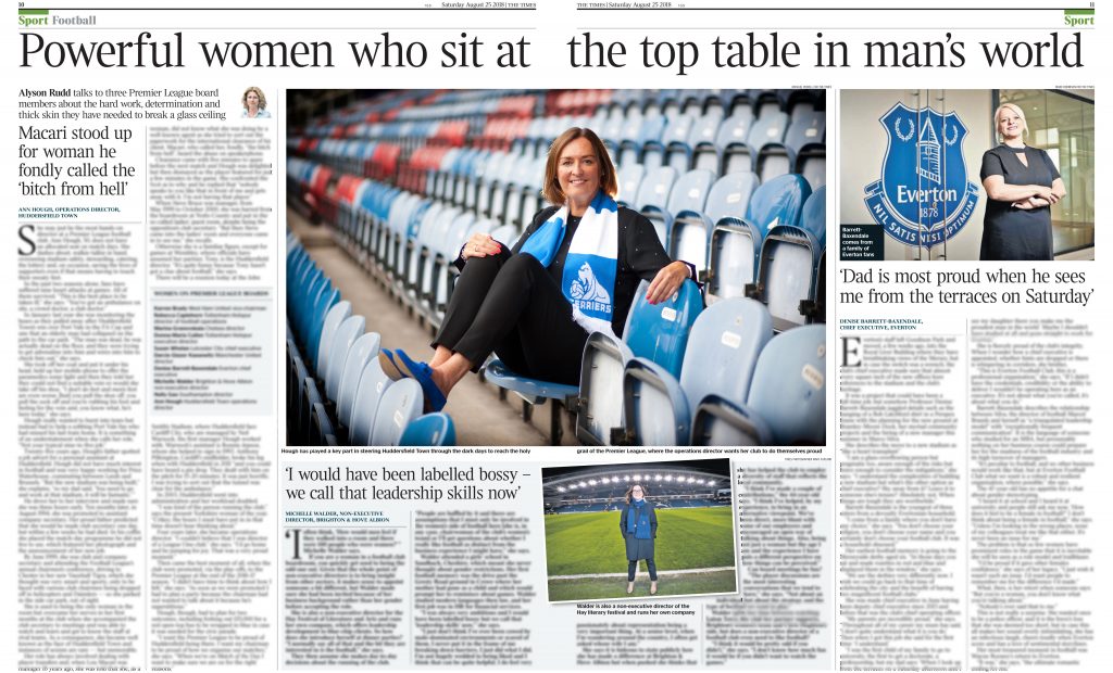 The Times cutting showing Ann Hough, Operations Director at Huddersfield Town FC in the club's stadium.
